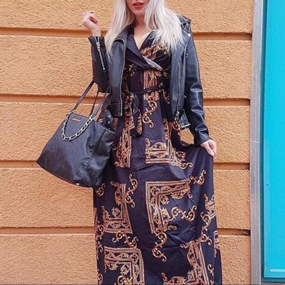 🌺 DRESS PAISLEY DESIGNER BAROQUE LONG SLEEVE MAXI BLACK BROWN FANCY ELEGANT - Picture 6 of 9